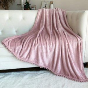 Blush Pink Pom Pom All Season Throw Blanket